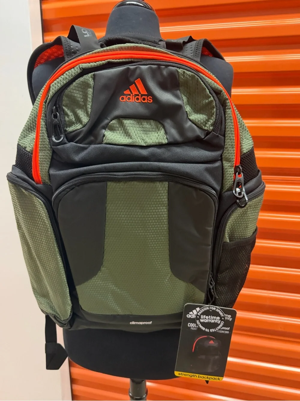 NWT Adidas Men's Climaproof Strenght Green/Black Athletic Backpack with Orange